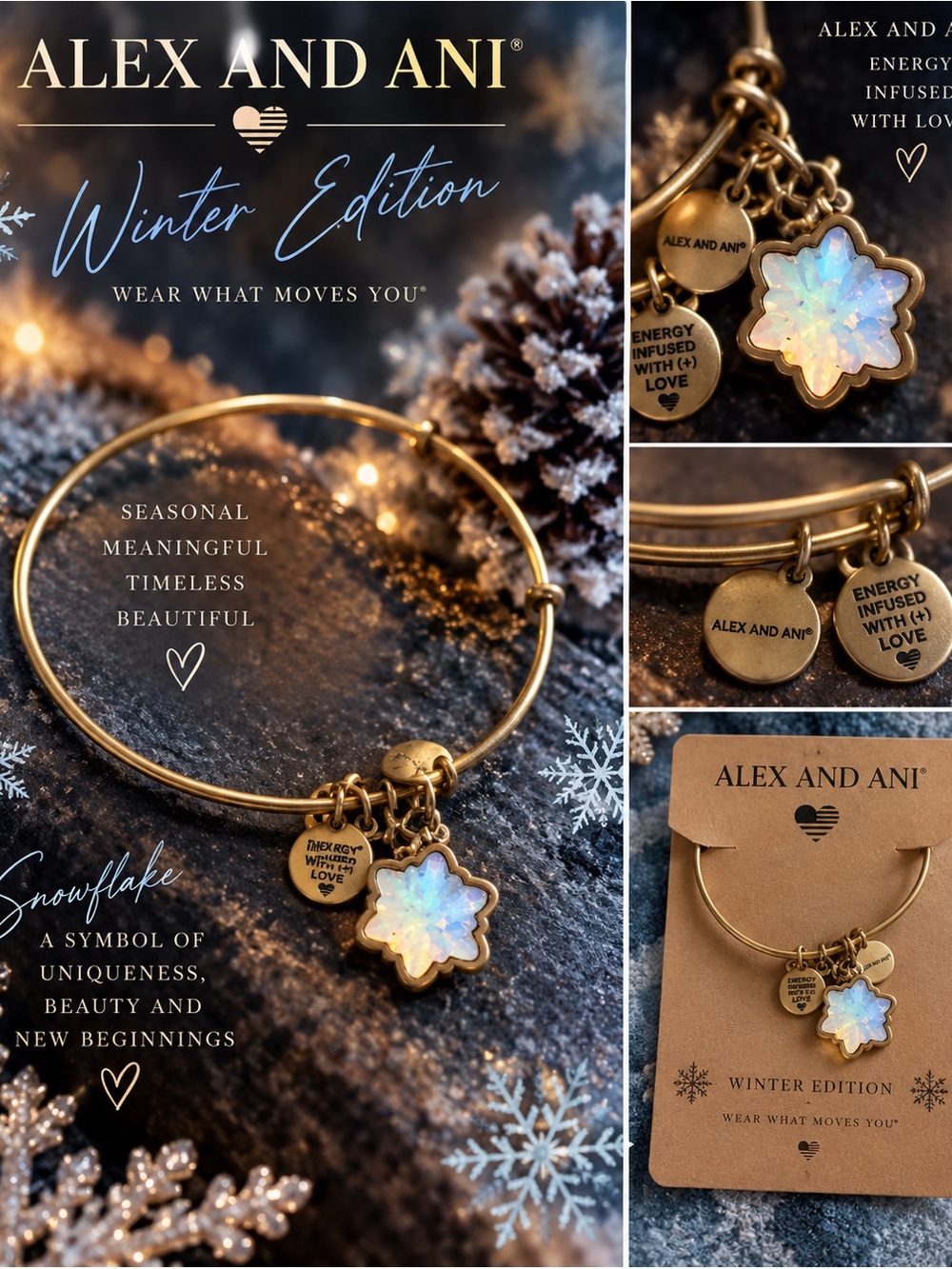 Alex and Ani Gold Bangle with Iridescent Snowflake Charm